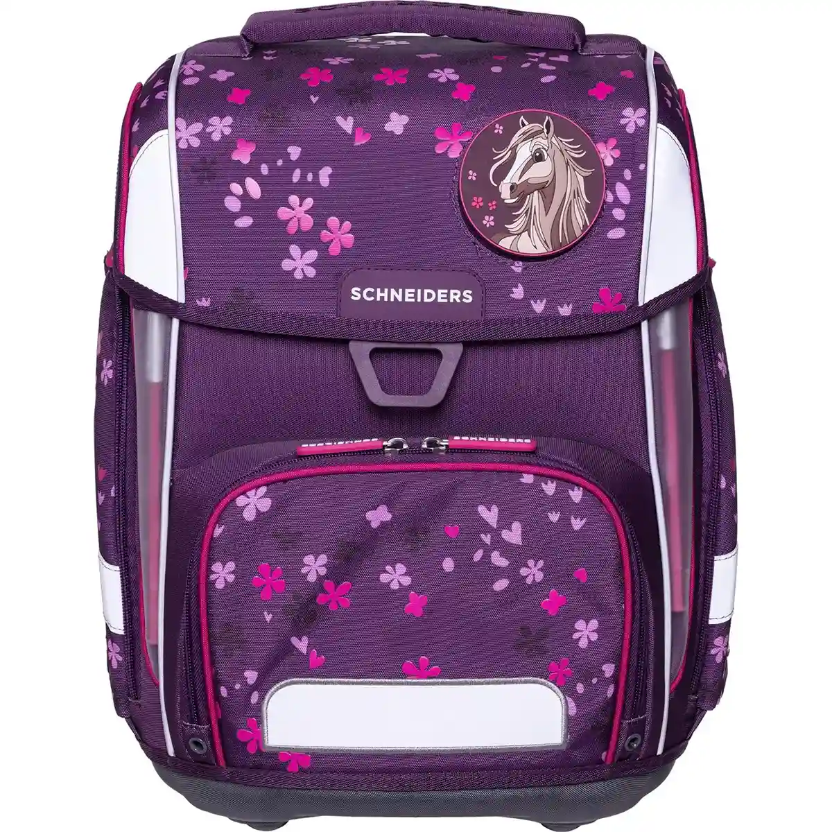 Schneiders Ergolite "Berry Blossom": 9-teiliges Schulranzen-Set in Lila mit pinkem Blumenmuster, Pferdeabzeichen und ergonomischem Design.