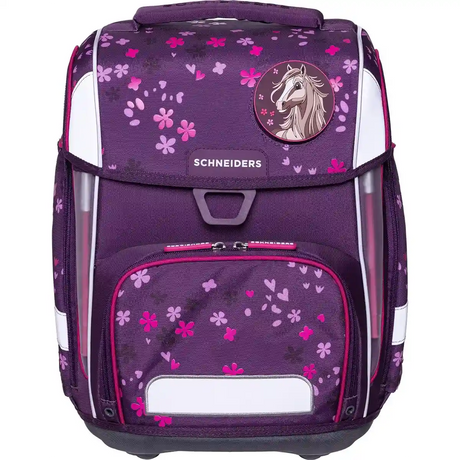 Schneiders Ergolite "Berry Blossom": 9-teiliges Schulranzen-Set in Lila mit pinkem Blumenmuster, Pferdeabzeichen und ergonomischem Design.