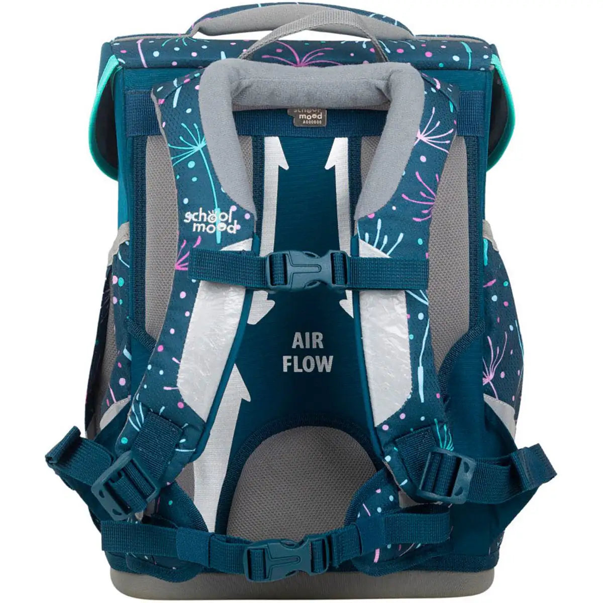 Das School-Mood Champion Schulranzen-Set 7-teilig "Lina" von School-Mood hat luftgepolsterte Träger und ein Pusteblumenmuster - ideal für Mädchen, die lila Katzen und Hunde lieben.