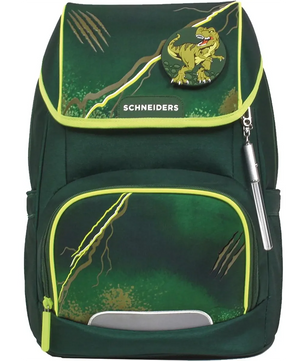 Das Schneiders Ergojet Dino olive Schulranzen-Set (6-teilig) besticht durch sein ergonomisches Design, die gelbe Umrandung und die Dinosaurier- und Blitzmotive - perfekt für das Abenteuer Grundschule.