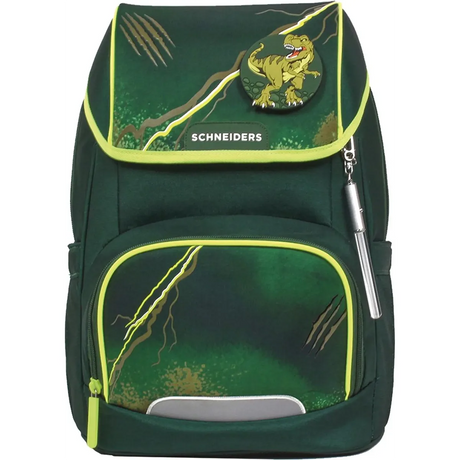 Das Schneiders Ergojet Dino olive Schulranzen-Set (6-teilig) besticht durch sein ergonomisches Design, die gelbe Umrandung und die Dinosaurier- und Blitzmotive - perfekt für das Abenteuer Grundschule.