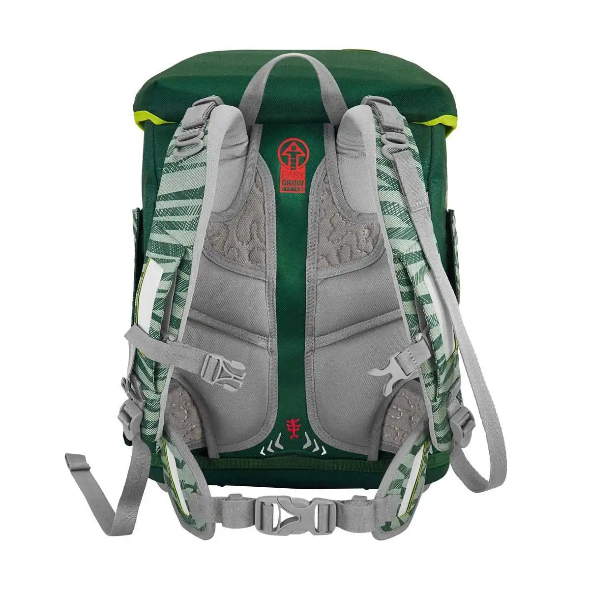 Das Step by Step Circle Schulranzen-Set "Jungle Cat Chiko" (5-teilig) wird von hinten gezeigt, wobei das grün-graue Design, die gepolsterten Träger und die Mesh-Details für zusätzlichen Komfort hervorgehoben werden.