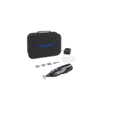 Das Dremel 8250 Akku-Multitool von Dremel, abgebildet mit bürstenlosem Motor, Tragetasche, Zubehör und Aufsätzen, wird auf einem weißen Hintergrund dargestellt.