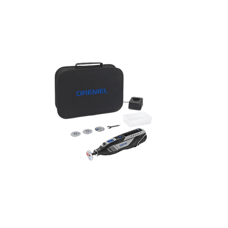 Das Dremel 8250 Akku-Multitool von Dremel, abgebildet mit bürstenlosem Motor, Tragetasche, Zubehör und Aufsätzen, wird auf einem weißen Hintergrund dargestellt.