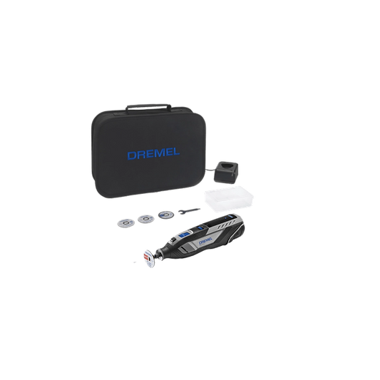 Das Dremel 8250 Akku-Multitool von Dremel, abgebildet mit bürstenlosem Motor, Tragetasche, Zubehör und Aufsätzen, wird auf einem weißen Hintergrund dargestellt.