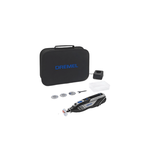 Das Dremel 8250 Akku-Multitool von Dremel, abgebildet mit bürstenlosem Motor, Tragetasche, Zubehör und Aufsätzen, wird auf einem weißen Hintergrund dargestellt.