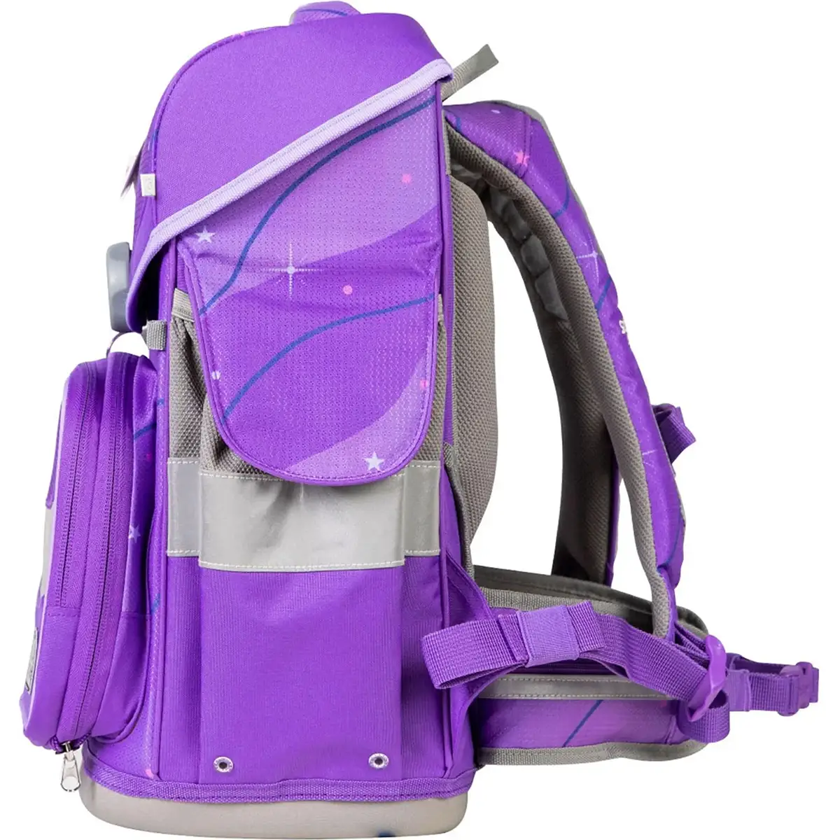 Ergonomisch gestalteter, lila Schul-Mood Timeless Schulranzen "Marie" mit gepolsterten Trägern, Seitentasche und Stern-Design. Ideal als Teil des 7-teiligen Sets - perfekt für Einhorn-Fans.