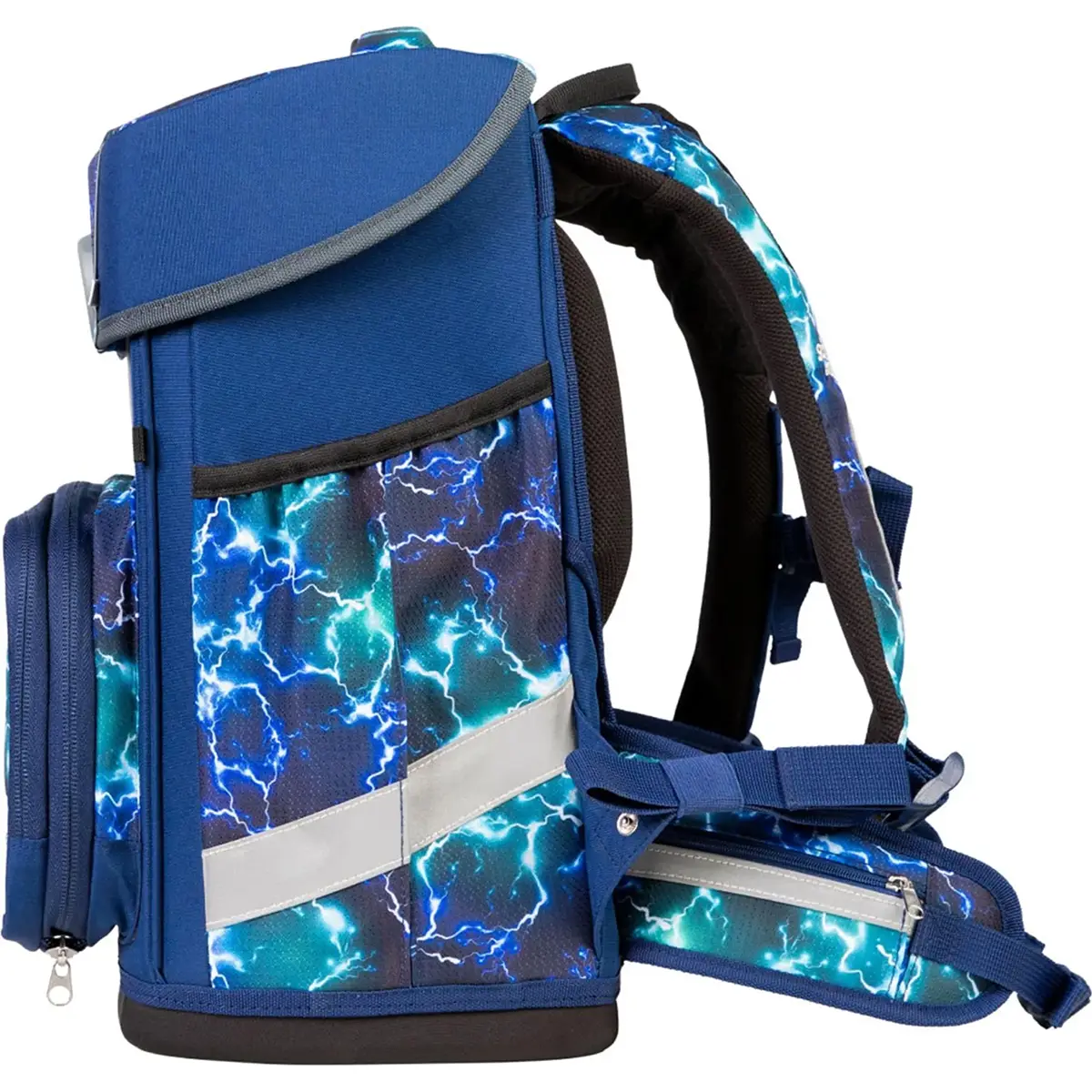 Das School-Mood Champion Schulranzen-Set 7-teilig "Felix" hat ein blaues Blitzdesign, Reflexstreifen und gepolsterte Gurte - perfekt als ergonomischer Schulranzen für Kinder der 1.-4. Klasse.