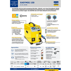 GYS MIG MAG Schweißgerät Easymig 150 von GYS mit Funktionen und technischen Daten als deutsche Texte und Icons dargestellt.