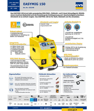GYS MIG MAG Schweißgerät Easymig 150 von GYS mit Funktionen und technischen Daten als deutsche Texte und Icons dargestellt.