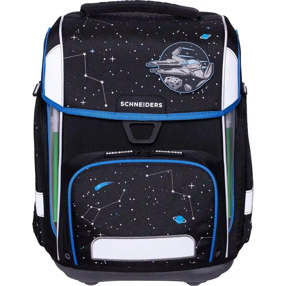 Das 9-teilige Schulranzen-Set "Space Quest" von Schneiders Ergolite zeigt ein schwarzes Design mit Sternen, Sternbildern und einem Raumschiff - eine Kombination aus Komfort und Stil für junge Entdecker.