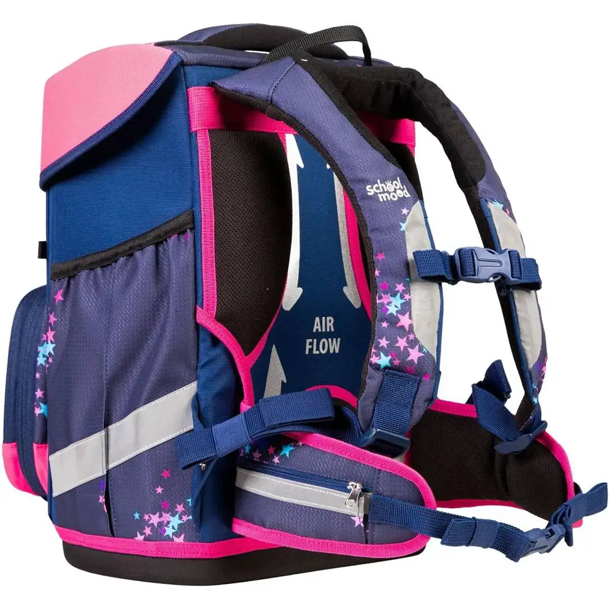 Das School-Mood Champion Schulranzen-Set 7-teilig "Leni" ist ein blau-rosafarbener Schulranzen für die Grundschule mit Sternenmuster, mehreren Fächern und AIR FLOW gepolsterter Rückenlehne von School-Mood.