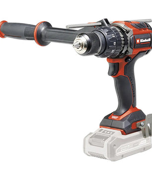 Der Einhell Professional Power X-Change TP-CD 18/120 Li-i BL, abgebildet ohne Akku, ist ein schwarz-roter Akku-Bohrschrauber mit seitlichem Griff, der mit einem leistungsstarken bürstenlosen Motor für effizientes Bohren ausgestattet ist. Kompatibel mit allen Einhell Power X-Change Akkus.