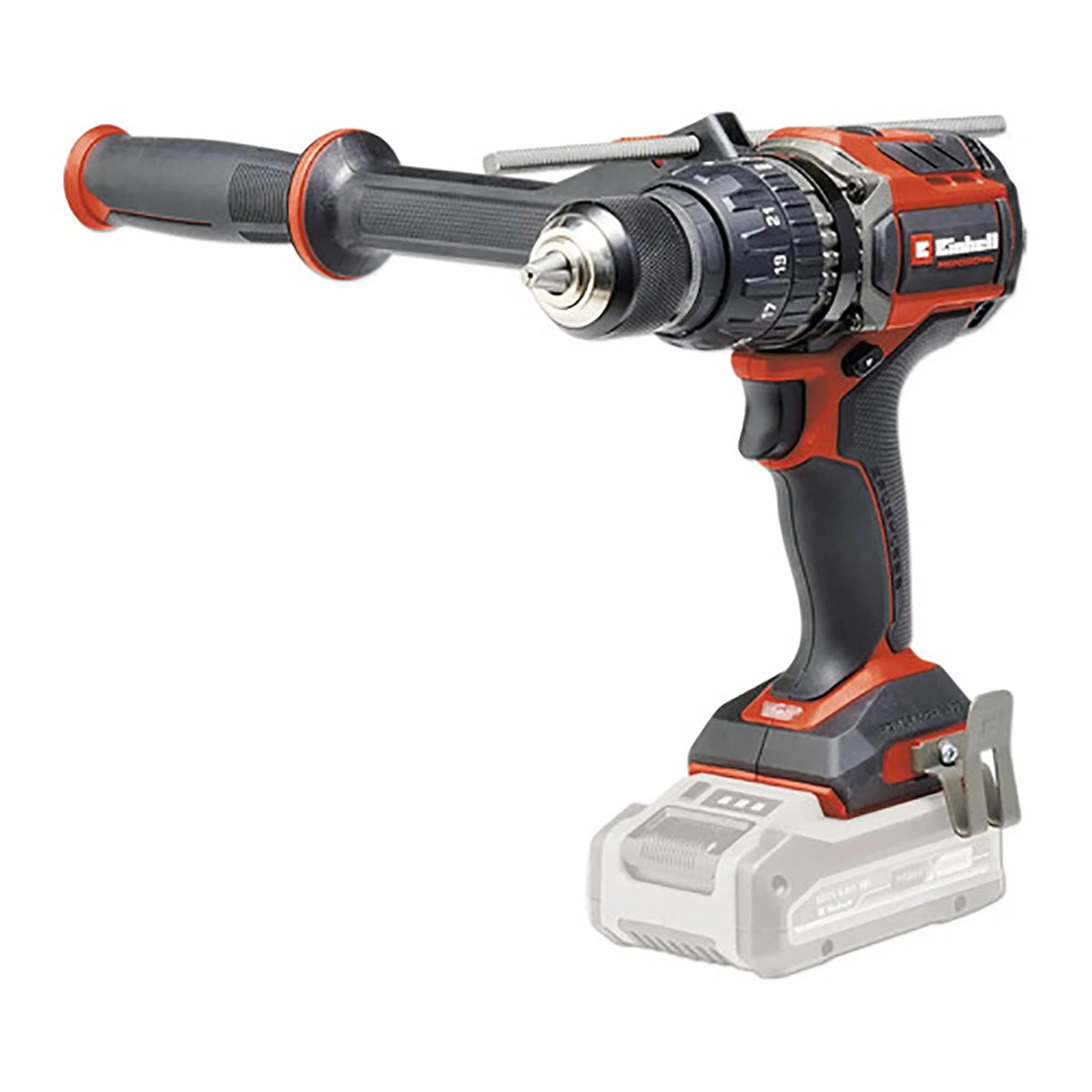Der Einhell Professional Power X-Change TP-CD 18/120 Li-i BL, abgebildet ohne Akku, ist ein schwarz-roter Akku-Bohrschrauber mit seitlichem Griff, der mit einem leistungsstarken bürstenlosen Motor für effizientes Bohren ausgestattet ist. Kompatibel mit allen Einhell Power X-Change Akkus.