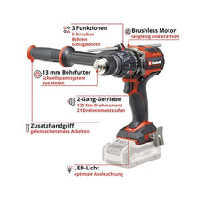 Der Einhell Professional Power X-Change TP-CD 18/120 Li-i BL Akku-Bohrschrauber verfügt über einen bürstenlosen Motor, ein LED-Licht und einen Zusatzhandgriff - Teil des vielseitigen Einhell Sortiments für kraftvolle Leistung.