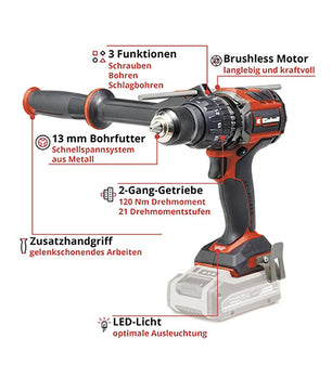 Der Einhell Professional Power X-Change TP-CD 18/120 Li-i BL Akku-Bohrschrauber verfügt über einen bürstenlosen Motor, ein LED-Licht und einen Zusatzhandgriff - Teil des vielseitigen Einhell Sortiments für kraftvolle Leistung.
