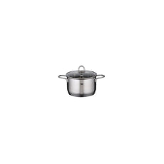 Das Elo Rubin Topfset 5 tlg. von Elo besteht aus einem Edelstahltopf mit Glasdeckel und seitlichen Griffen, der auf weißem Hintergrund abgebildet ist. Geeignet für Induktion und den vielseitigen Einsatz in der Küche.