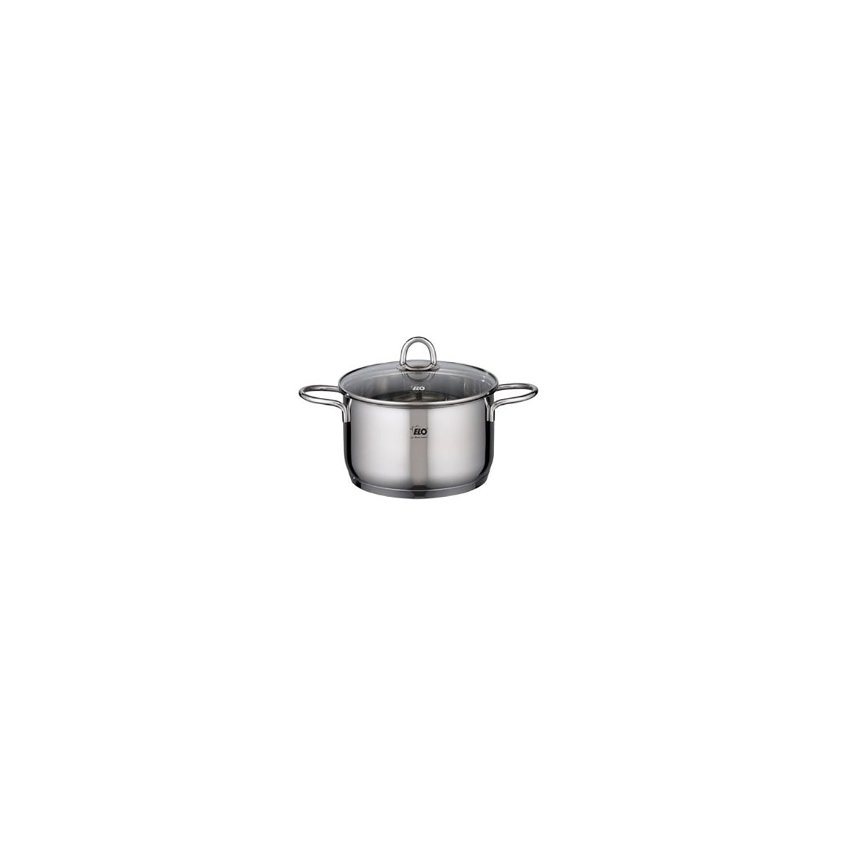 Das Elo Rubin Topfset 5 tlg. von Elo besteht aus einem Edelstahltopf mit Glasdeckel und seitlichen Griffen, der auf weißem Hintergrund abgebildet ist. Geeignet für Induktion und den vielseitigen Einsatz in der Küche.