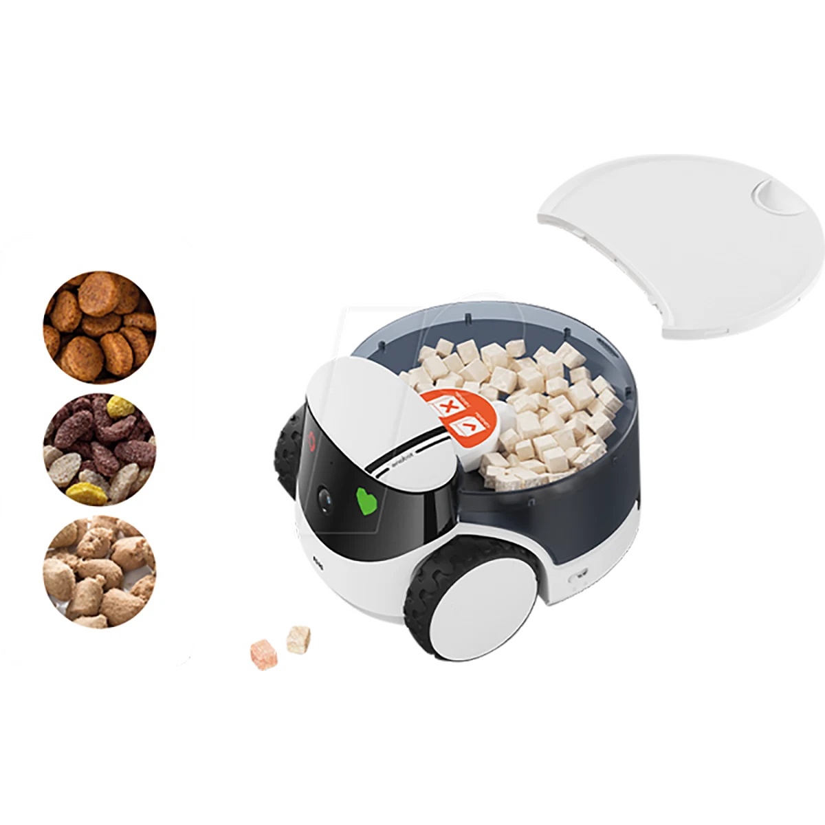 Das ENABOT Enabot ROLA PetPal Leckerlie Modul, mit Futterwürfeln im Inneren und den drei links abgebildeten Futtersorten, ist durch sein cleveres Leckerlie-Dosiermodul perfekt für das Haustier Training geeignet.