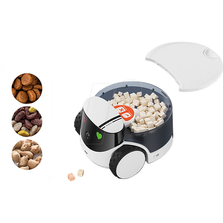 Das ENABOT Enabot ROLA PetPal Leckerlie Modul, mit Futterwürfeln im Inneren und den drei links abgebildeten Futtersorten, ist durch sein cleveres Leckerlie-Dosiermodul perfekt für das Haustier Training geeignet.