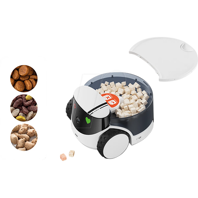 Das ENABOT Enabot ROLA PetPal Leckerlie Modul, mit Futterwürfeln im Inneren und den drei links abgebildeten Futtersorten, ist durch sein cleveres Leckerlie-Dosiermodul perfekt für das Haustier Training geeignet.