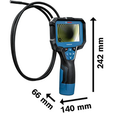 Die Bosch Professional GIC 12V-4-23 C Akku-Inspektionskamera bietet einen flexiblen Sondenkopf, Display und kompakte Maße (242mm x 140mm x 66mm) - ideal für präzise Inspektionen.