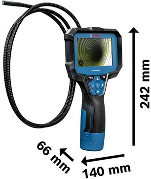 Die Bosch Professional GIC 12V-4-23 C Akku-Inspektionskamera bietet einen flexiblen Sondenkopf, Display und kompakte Maße (242mm x 140mm x 66mm) - ideal für präzise Inspektionen.