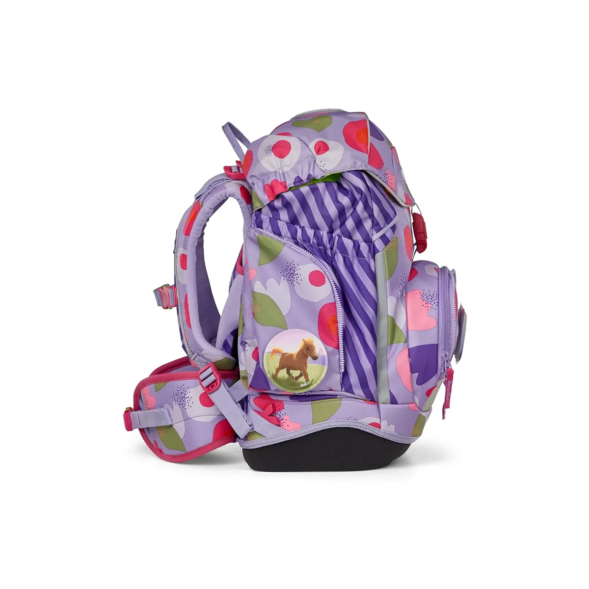 Der ergobag Ergobag Pack Schulranzen-Set 6tlg-BlütenzauBär II ist ein lila-rosa Kinderrucksack mit floralem Muster und Pferdemotiv, der als ergonomischer Schulrucksack konzipiert ist - ideal für Grundschüler.