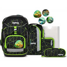 Das ergobag Cubo Set (2025) CyBär Race von ergobag ist ein schwarz-grünes Schulranzen-Set mit Rucksack, Mappen, Federmappe und runden Aufnähern - ideal als ergonomisches Schulranzen-Set für Schüler.