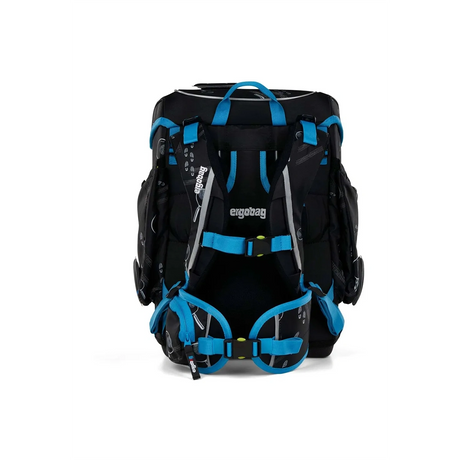 Das ergobag Ergobag Cubo Schulranzen-Set "Bärdektiv" - Die Drei ??? Kids (5-teilig) zeigt sich von hinten in Schwarz und Blau, mit gepolsterten Schultergurten, Schnallen und einem praktischen mitwachsenden Rückensystem.