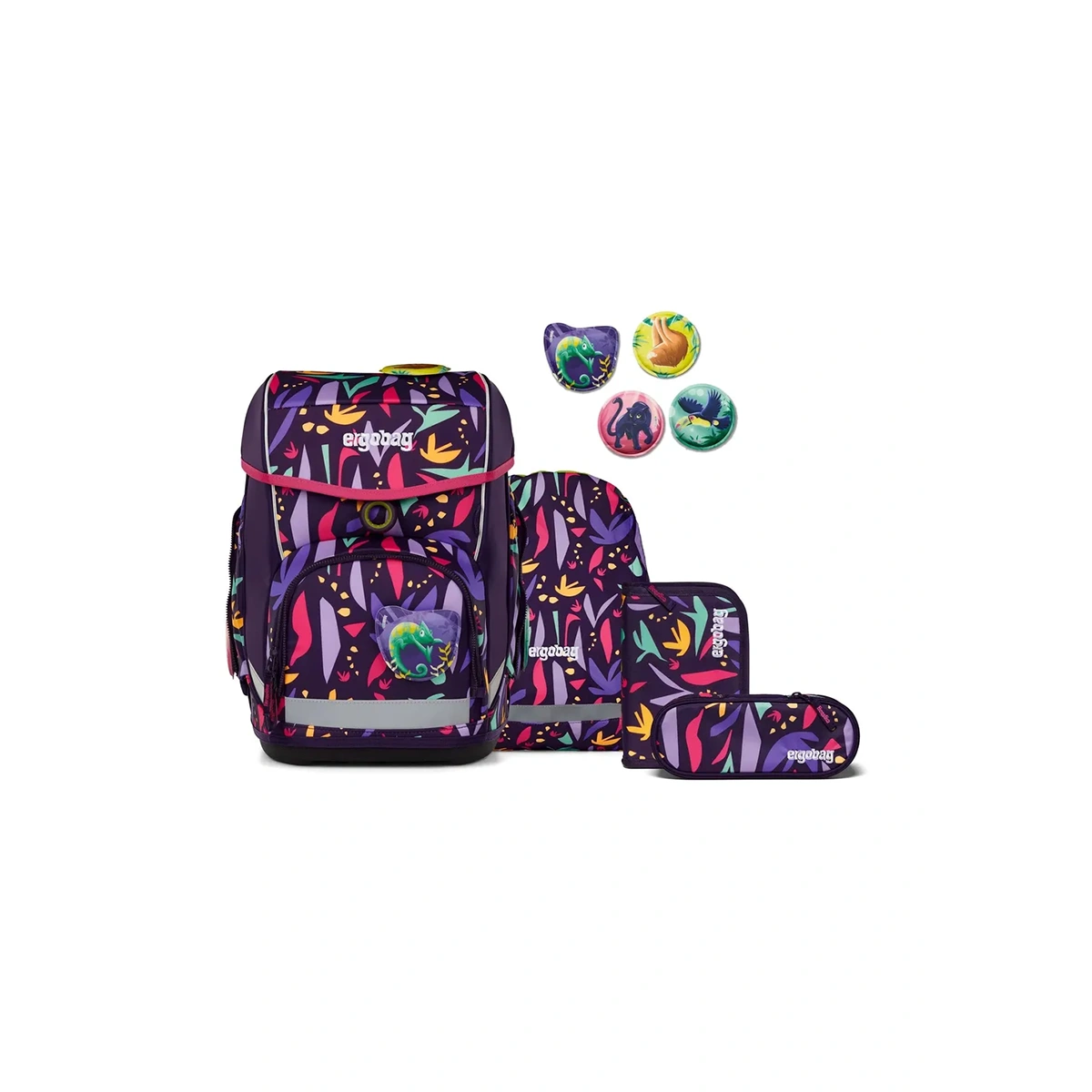 Das ergobag Cubo LUMI Edition Schulranzen-Set "AmBärzonas" (5-teilig) von ergobag ist ein farbenfrohes, dinosaurierähnliches Schulranzen-Set für die Grundschule mit drei Taschen und vier Aufnähern, abgebildet auf weißem Hintergrund.