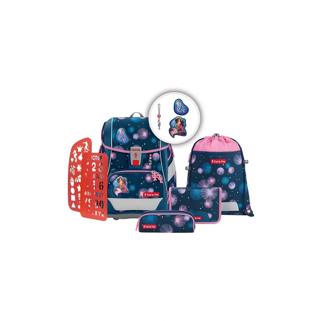 Das Step by Step 2IN1 PLUS Ranzen-Set "Meerjungfrau Delia" (6-teilig) enthält passende Beutel, Turnbeutel, Stecknadeln und ein rotes Schablonenblatt - und verbindet damit Stil und ergonomischen Komfort für den Schulalltag.