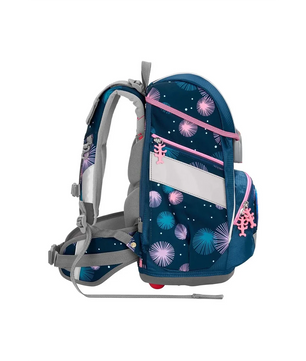 Seitenansicht des Step by Step 2IN1 PLUS Ranzen-Set "Mermaid Delia" 6-teiliger Schulrucksack in Blau mit rosa und weißem Blumenmuster und grauen Trägern - ein praktisches Set von Step by Step.