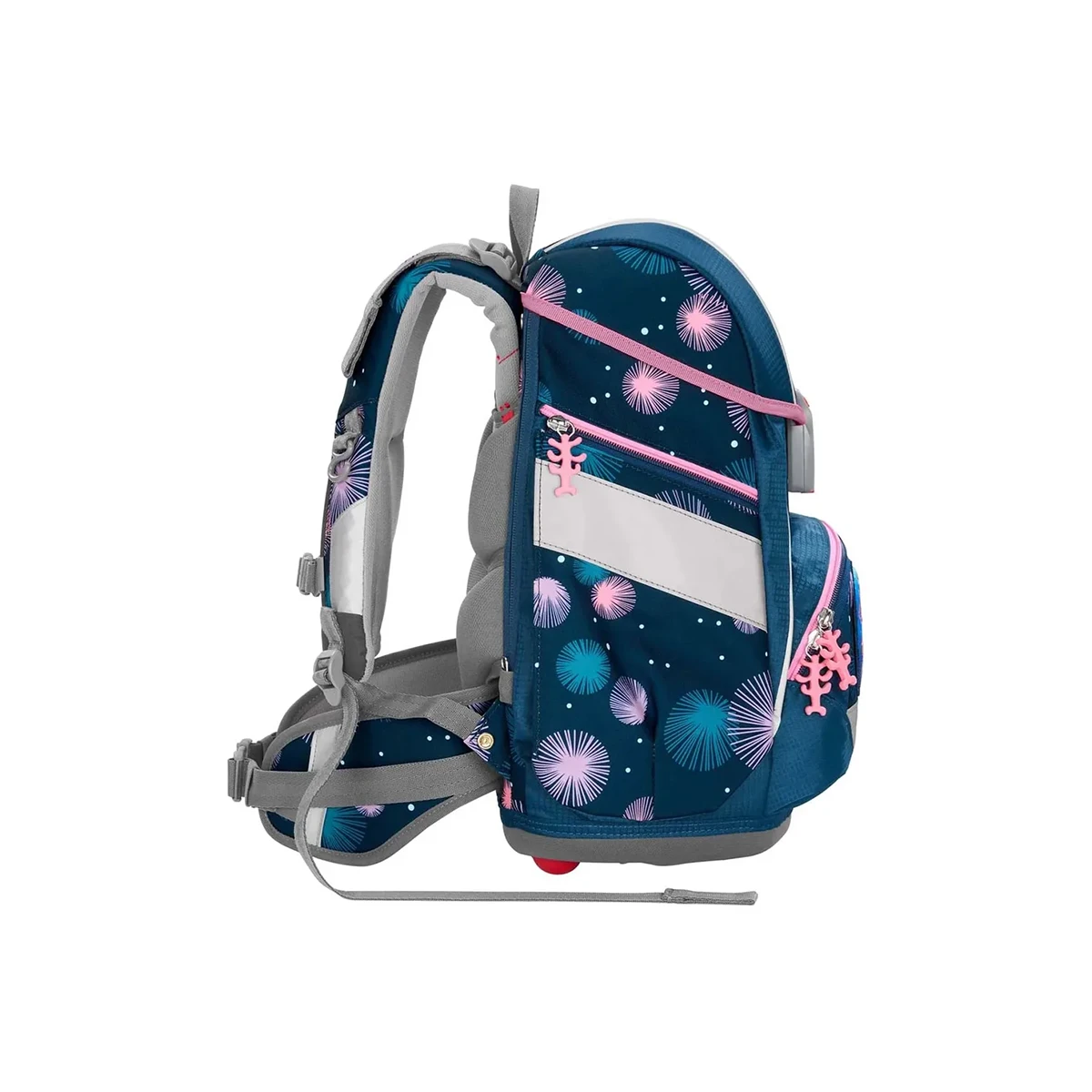 Seitenansicht des Step by Step 2IN1 PLUS Ranzen-Set "Mermaid Delia" 6-teiliger Schulrucksack in Blau mit rosa und weißem Blumenmuster und grauen Trägern - ein praktisches Set von Step by Step.
