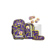 Das ergobag Pack LUMI Edition Schulranzen-Set "SuBärkraft" (5-teilig) von ergobag, in lila und gelb mit passendem Zubehör und runden Aufnähern, ist auf weißem Hintergrund abgebildet.