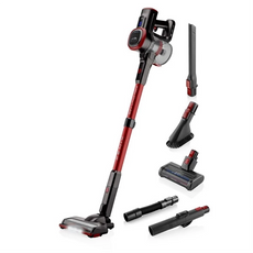 Der ETA Fénix Stielstaubsauger von ETA, hier in Rot und Schwarz mit sechs Aufsätzen auf weißem Grund, ist ideal zum Entfernen von Tierhaaren und mehr.