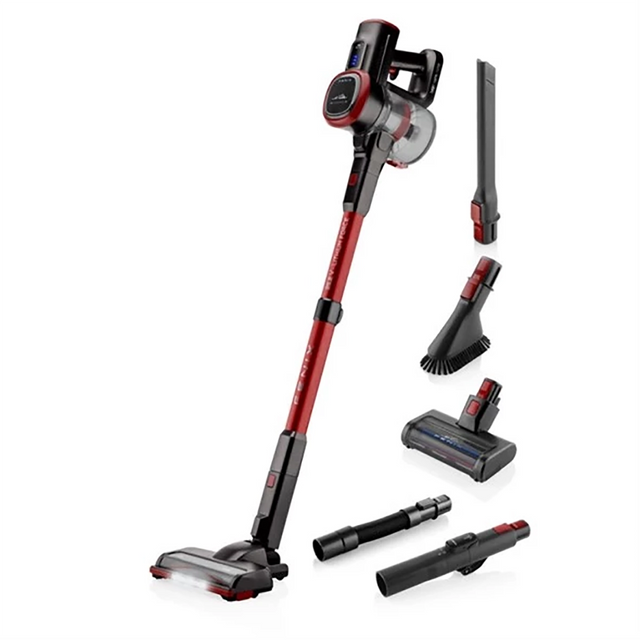 Der ETA Fénix Stielstaubsauger von ETA, hier in Rot und Schwarz mit sechs Aufsätzen auf weißem Grund, ist ideal zum Entfernen von Tierhaaren und mehr.