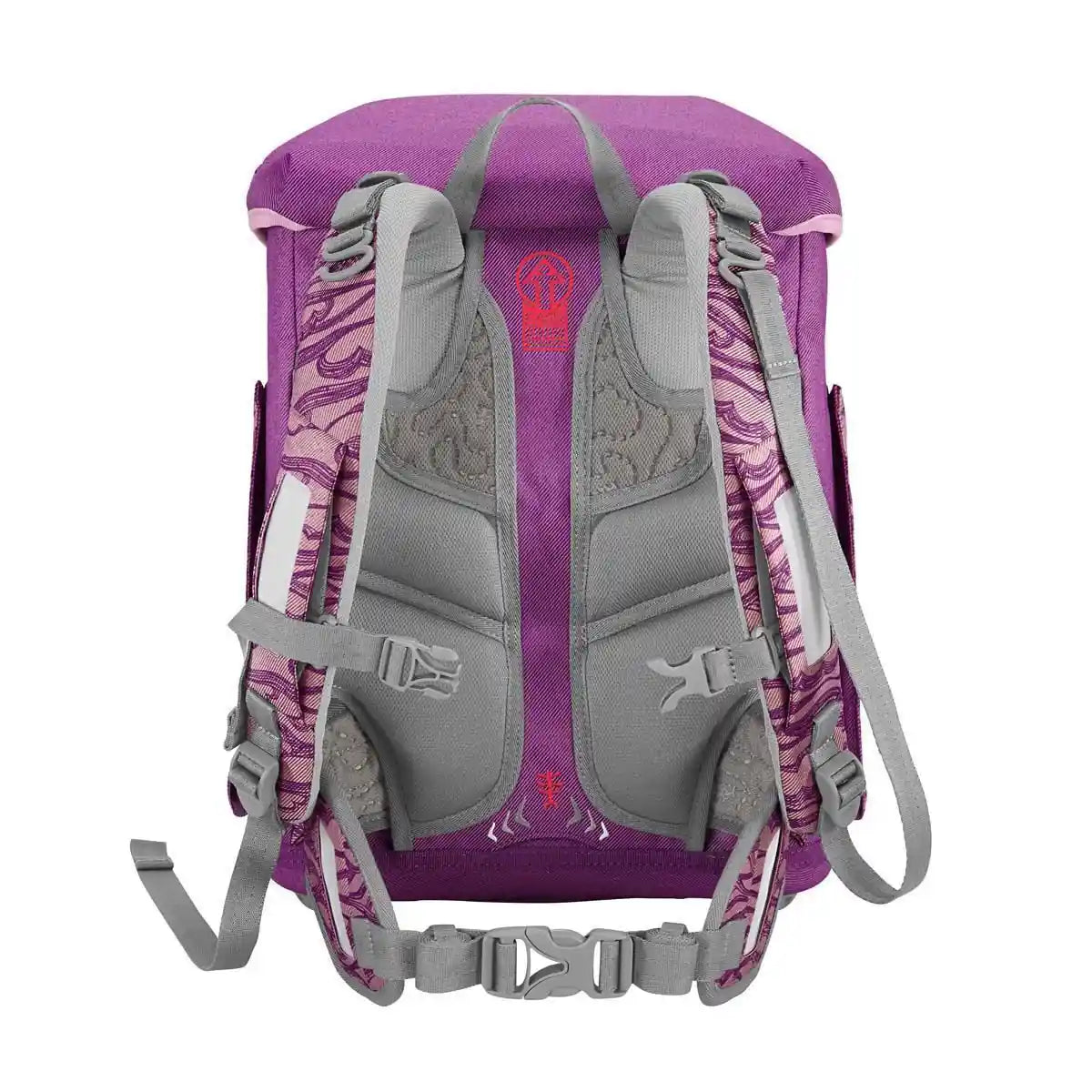 Das Step by Step Circle Schulranzen-Set "Lovely Unicorn Nuala" (5-teilig) in Lila und Grau verfügt über gepolsterte Gurte und mehrere Schnallen für einen hohen Tragekomfort, hier in der Rückenansicht.