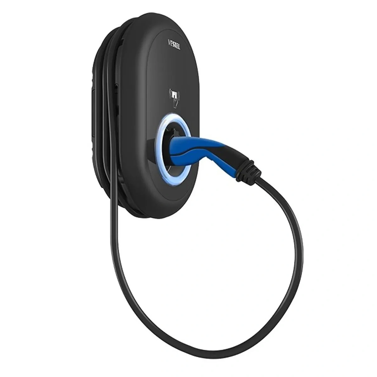 Die Vestel eCharger EVC04-AC11-T2P Wallbox (11 kW Ladeleistung) in schwarz, wandmontiert mit einem blauen Ladekabel, ideal für Elektrofahrzeuge - von Vestel.