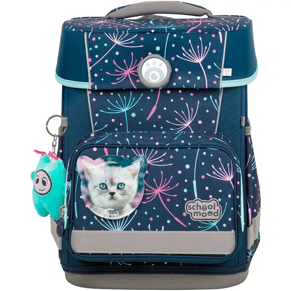 Das School-Mood Champion Schulranzen-Set 7-teilig "Lina" besticht durch ein marineblaues Design mit Pusteblumenmuster, Katzenfoto und türkisem Plüsch-Schlüsselanhänger - ideal für Mädchen-, Katzen- und Hundefans.