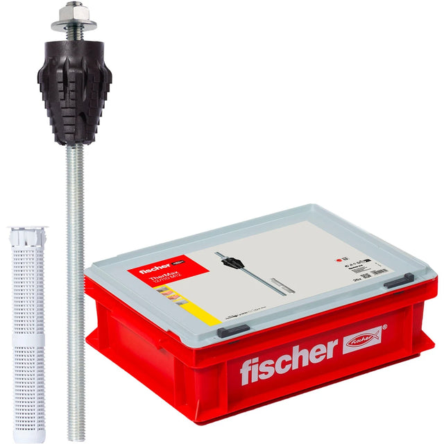 Das Fischer 091969 Thermax 12/110 M12 Abstandsmontagesystem (110 mm, 12 mm, 25 Stück) ermöglicht eine wärmebrückenfreie Befestigung in WDVS und wird mit Gewindestange, Dübel, Hülse und roter Aufbewahrungsbox geliefert.