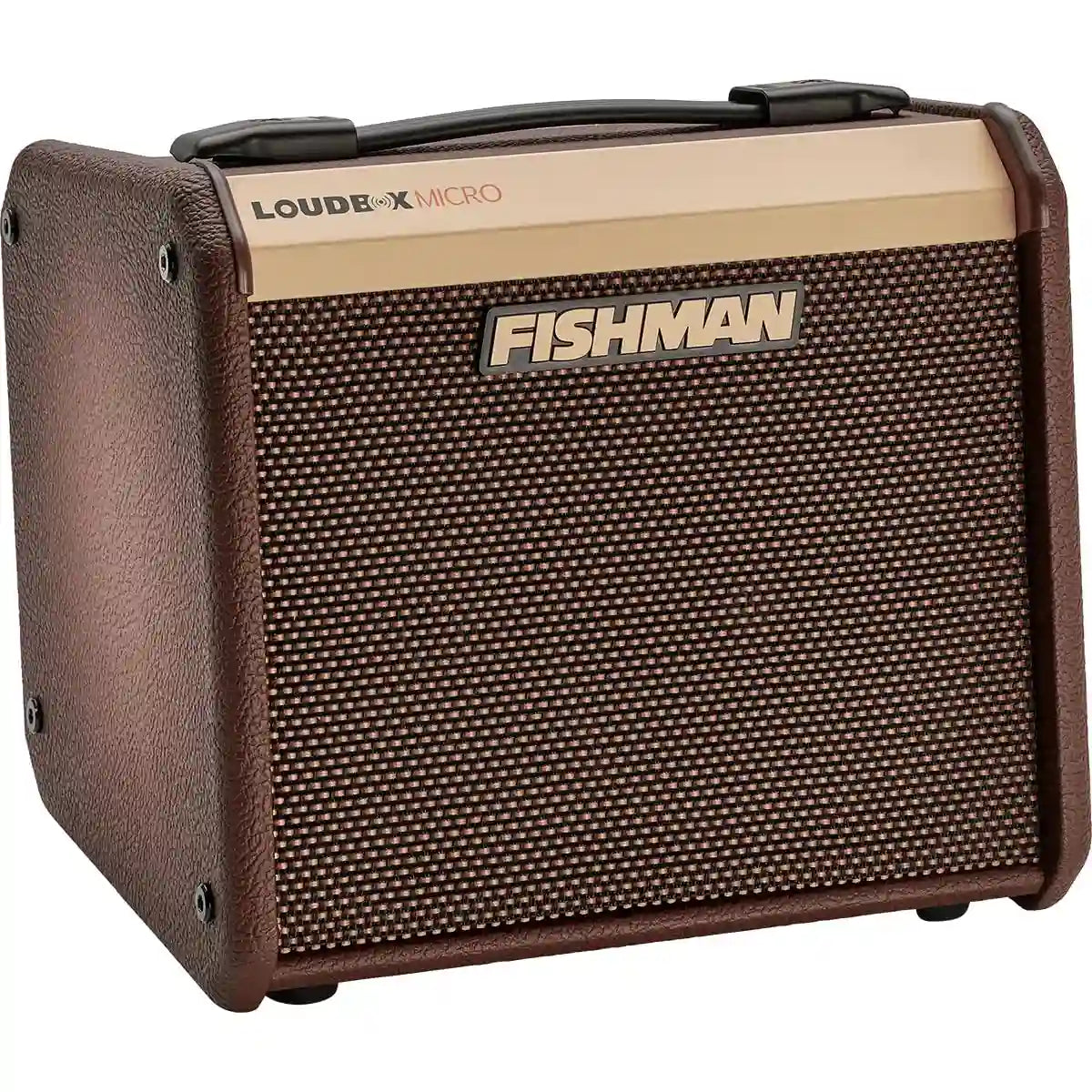 Der Fishman Loudbox Akustikverstärker - braun verfügt über ein strukturiertes Frontgitter und einen Tragegriff an der Oberseite, wodurch er sich ideal für Akustikgitarren eignet.