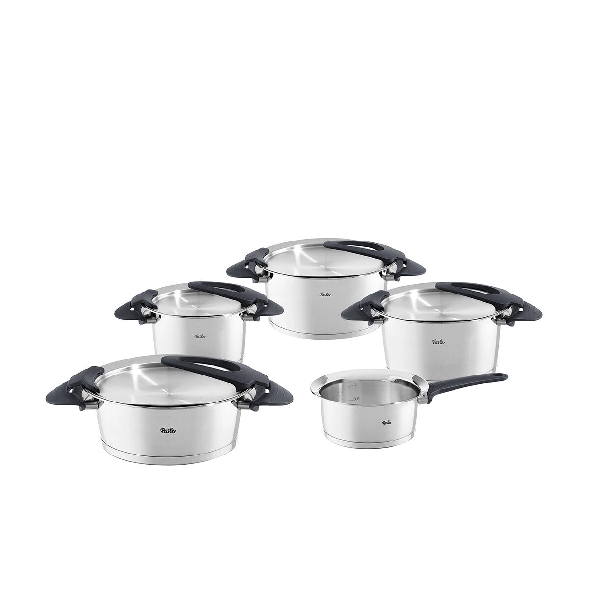Das Fissler Topfset Intensa 5-tlg. matt von Fissler umfasst fünf induktionsgeeignete Edelstahltöpfe mit schwarzen Griffen und Deckeln, stilvoll präsentiert auf weißem Grund.
