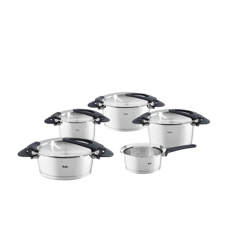 Das Fissler Topfset Intensa 5-tlg. matt von Fissler umfasst fünf induktionsgeeignete Edelstahltöpfe mit schwarzen Griffen und Deckeln, stilvoll präsentiert auf weißem Grund.