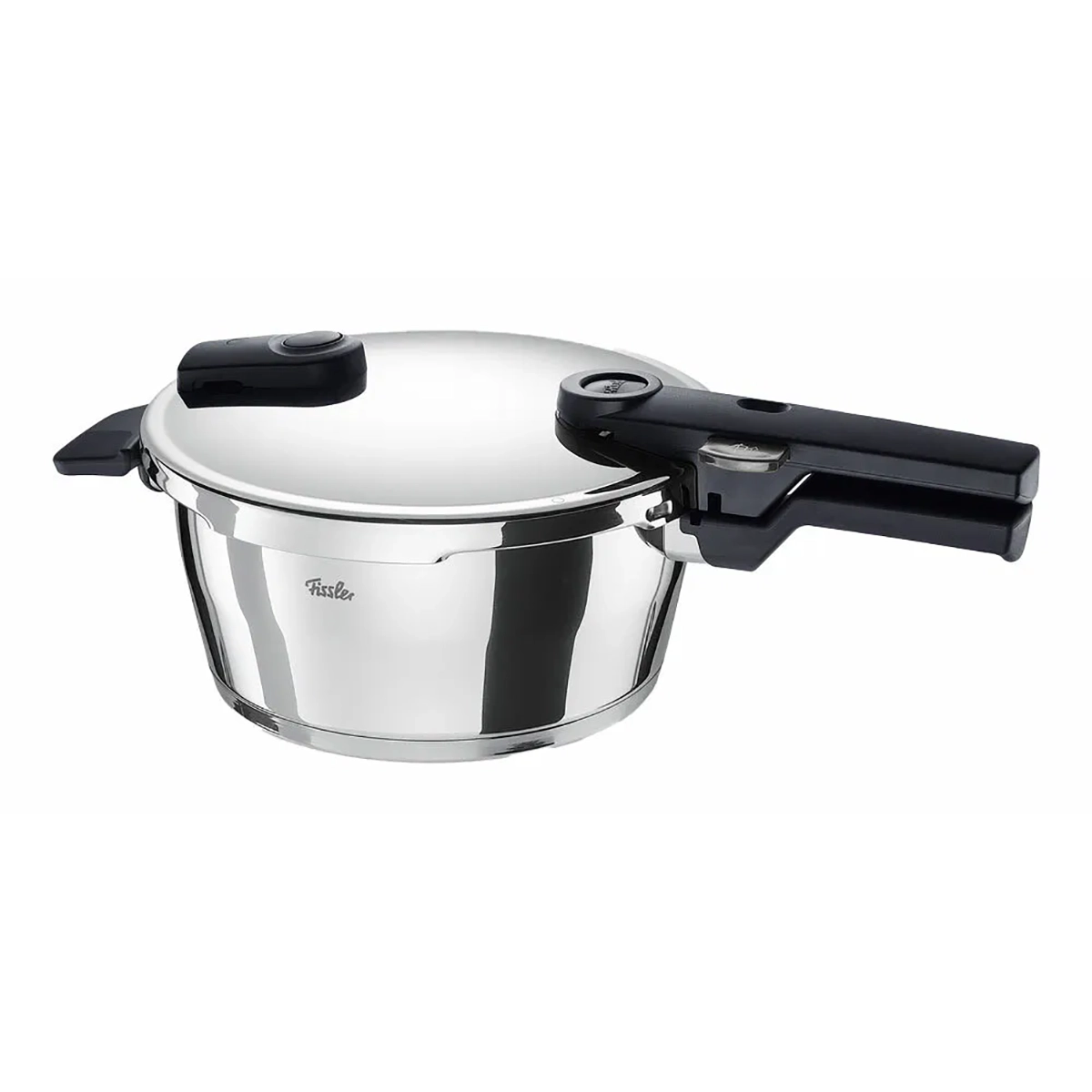 Ein Fissler Vitaquick Premium Ø22 cm 3,5L Schnellkochtopf mit glänzender Edelstahloberfläche, schwarzem Griff und sicherer Deckelverriegelung ist vor einem weißen Hintergrund abgebildet.
