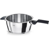 Der Fissler Vitaquick Premium Ø22 cm 3,5l Schnellkochtopf ist in glänzendem Edelstahl mit schwarzen Seitengriffen und Messmarkierungen im Inneren abgebildet. Er ist induktionsgeeignet und trägt den Fissler Markennamen auf der Seite vor weißem Hintergrund.