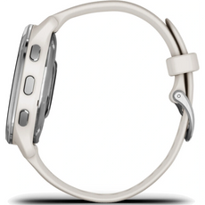 Seitenansicht der Garmin D2 Air X10 010-02496-13 Smartwatch in Weiß von Garmin mit GPS-Navigation, einem schlanken silbernen Gehäuse und drei Knöpfen sowie einem schicken weißen Armband.