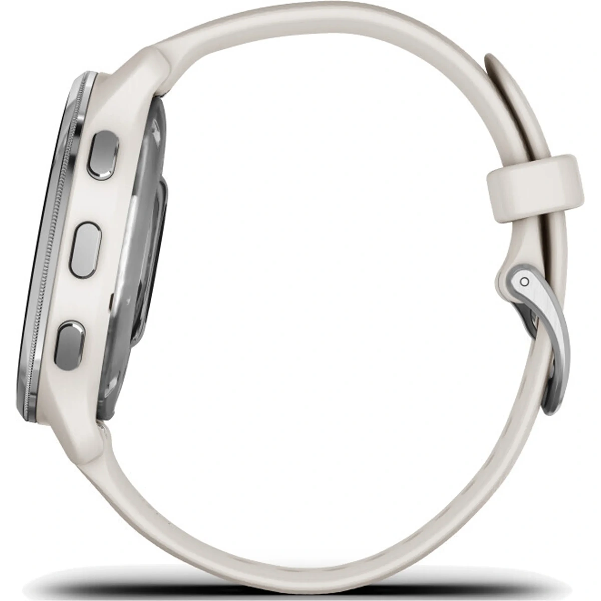 Seitenansicht der Garmin D2 Air X10 010-02496-13 Smartwatch in Weiß von Garmin mit GPS-Navigation, einem schlanken silbernen Gehäuse und drei Knöpfen sowie einem schicken weißen Armband.