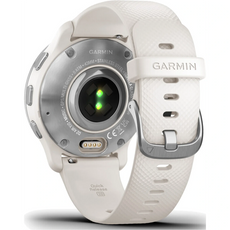 Die Rückansicht der Garmin D2 Air X10 010-02496-13 Smartwatch - Weiß zeigt den Herzfrequenzsensor und den Schnallenverschluss, ideal für Benutzer, die die erweiterten GPS-Navigationsfunktionen von Garmin nutzen möchten.