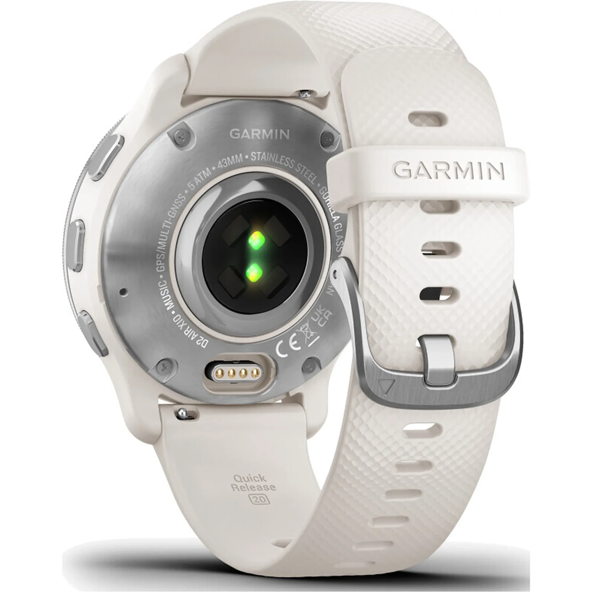 Die Rückansicht der Garmin D2 Air X10 010-02496-13 Smartwatch - Weiß zeigt den Herzfrequenzsensor und den Schnallenverschluss, ideal für Benutzer, die die erweiterten GPS-Navigationsfunktionen von Garmin nutzen möchten.